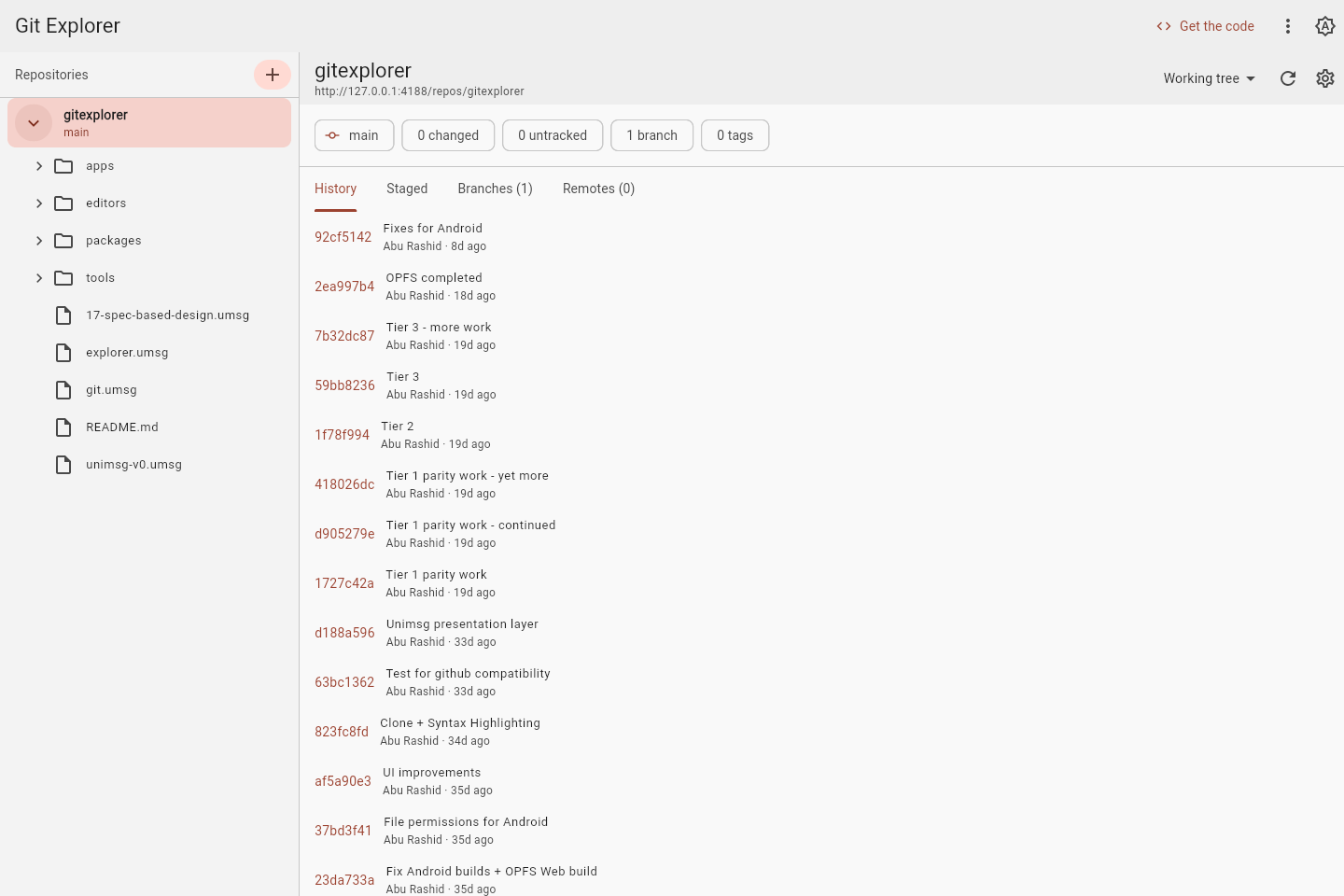 GitExplorer showing a repository’s files, branches, and commit history.